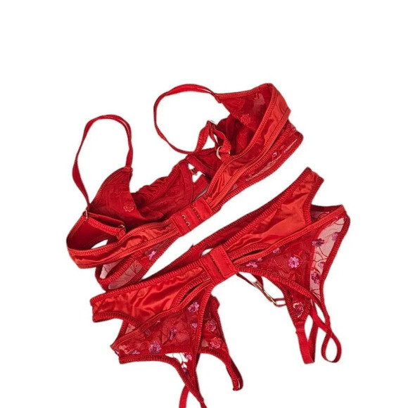 Lounge Katya Intimates Bra / Garter Set Size 34 A and M Garter Red Embroidered - Picture 6 of 13